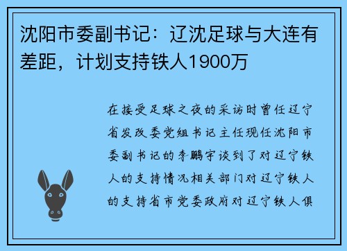 沈阳市委副书记：辽沈足球与大连有差距，计划支持铁人1900万
